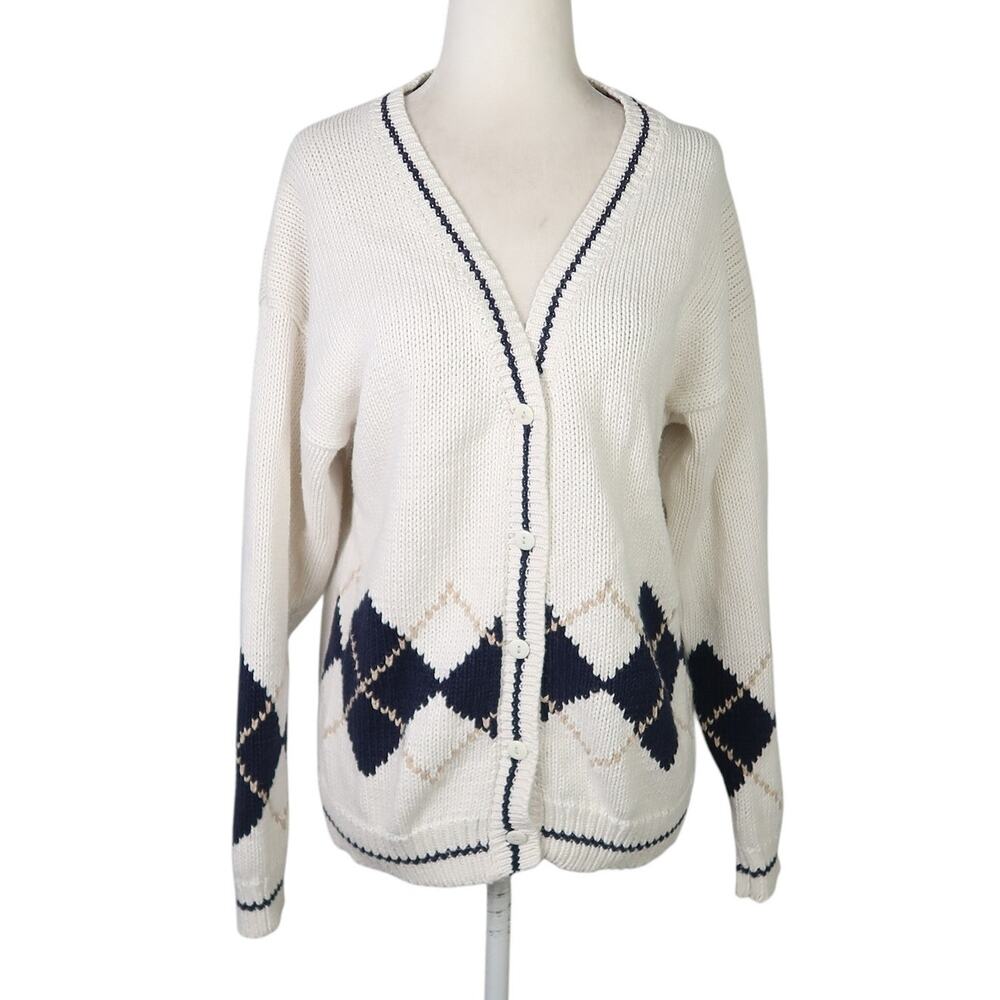 Vintage 90s cream and navy blue argyle knit cardigan sweater L